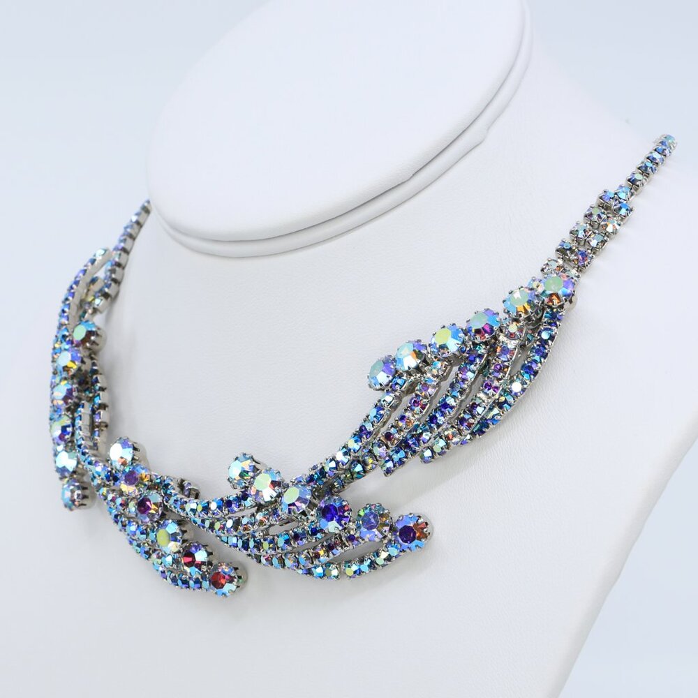Vintage Rare Hobé Blue AB Rhinestones Sculptural‎ Spray and Waves Necklace 1950s - Picture 2 of 5